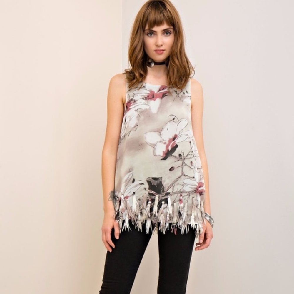 Floral Lined Fringe Hem Tank Top-Large